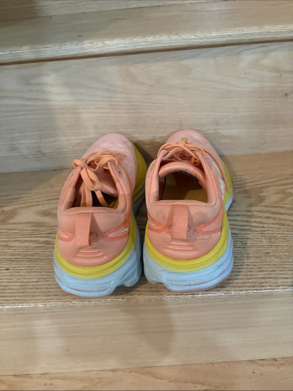 Hoka Peach Coral Running Shoes with Yellow & Light Blue Midsole - Picture 3 of 4